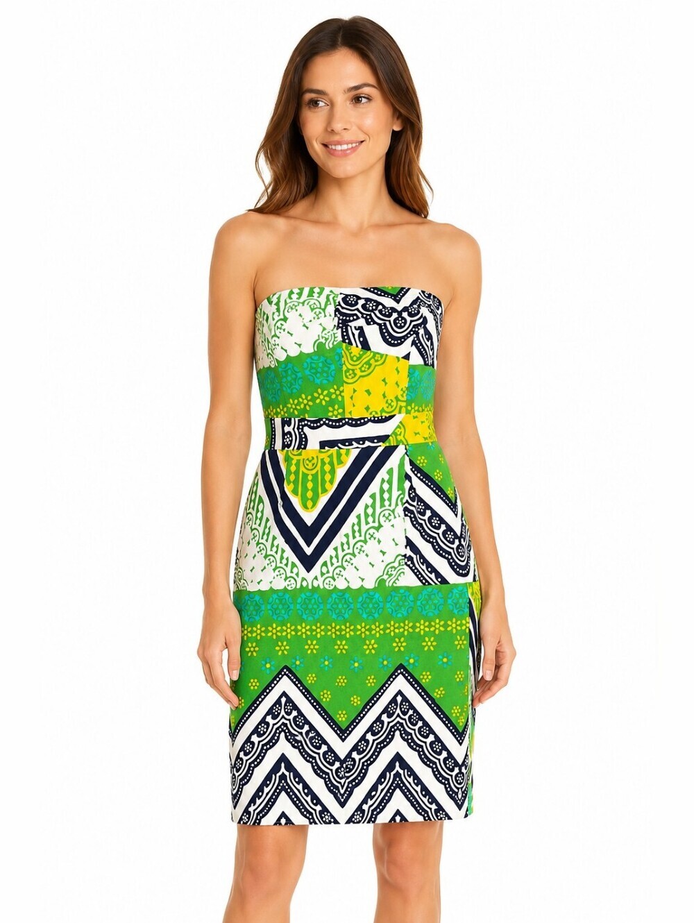 Strapless Patchwork Print Dress in Green and Navy